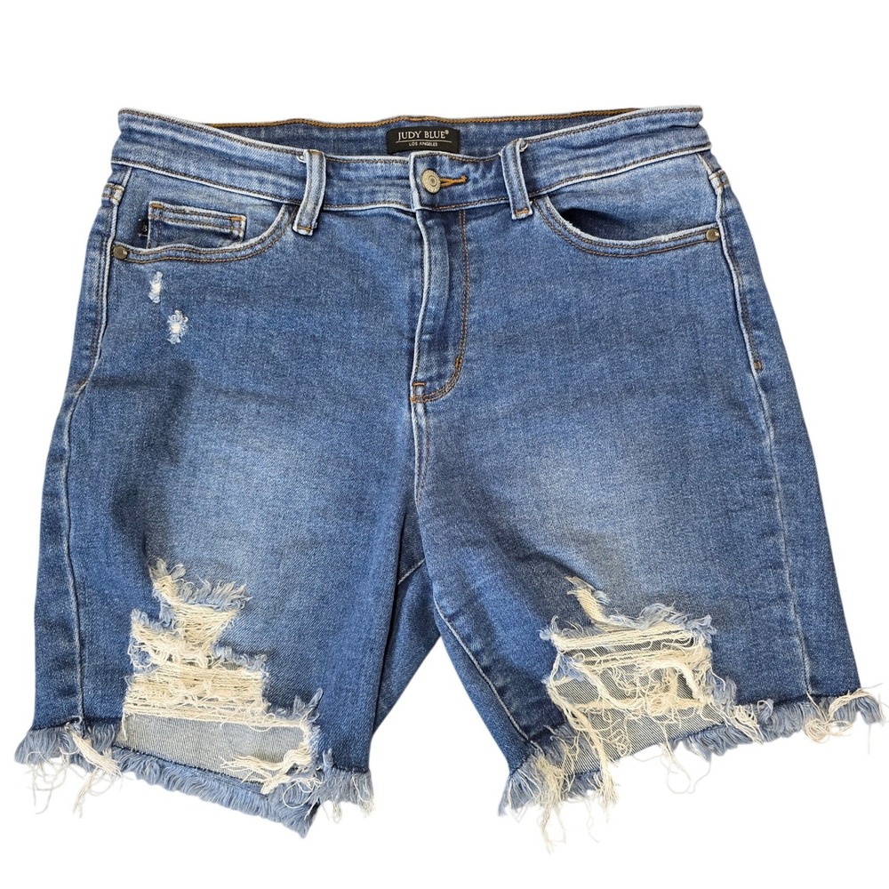 Judy Blue Distressed Denim Shorts XL High Rise Frayed Hem Stretch